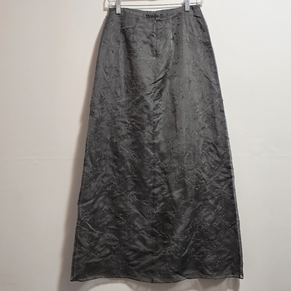 Vintage Anne Taylor 100% Silk Grey Embroidered Flora Pearl Maxi Skirt - Picture 5 of 10